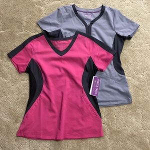 Purple label yoga by healing hands scrub tops x2 size Small S pink and grey nwt
